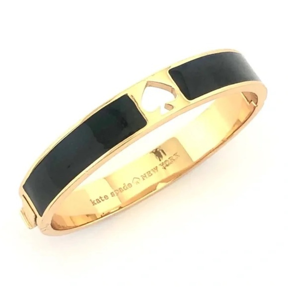 KATE SPADE Hole Punch Spade Enamel Hinged Bangle Bracelet - Gold/Black - Picture 3 of 15